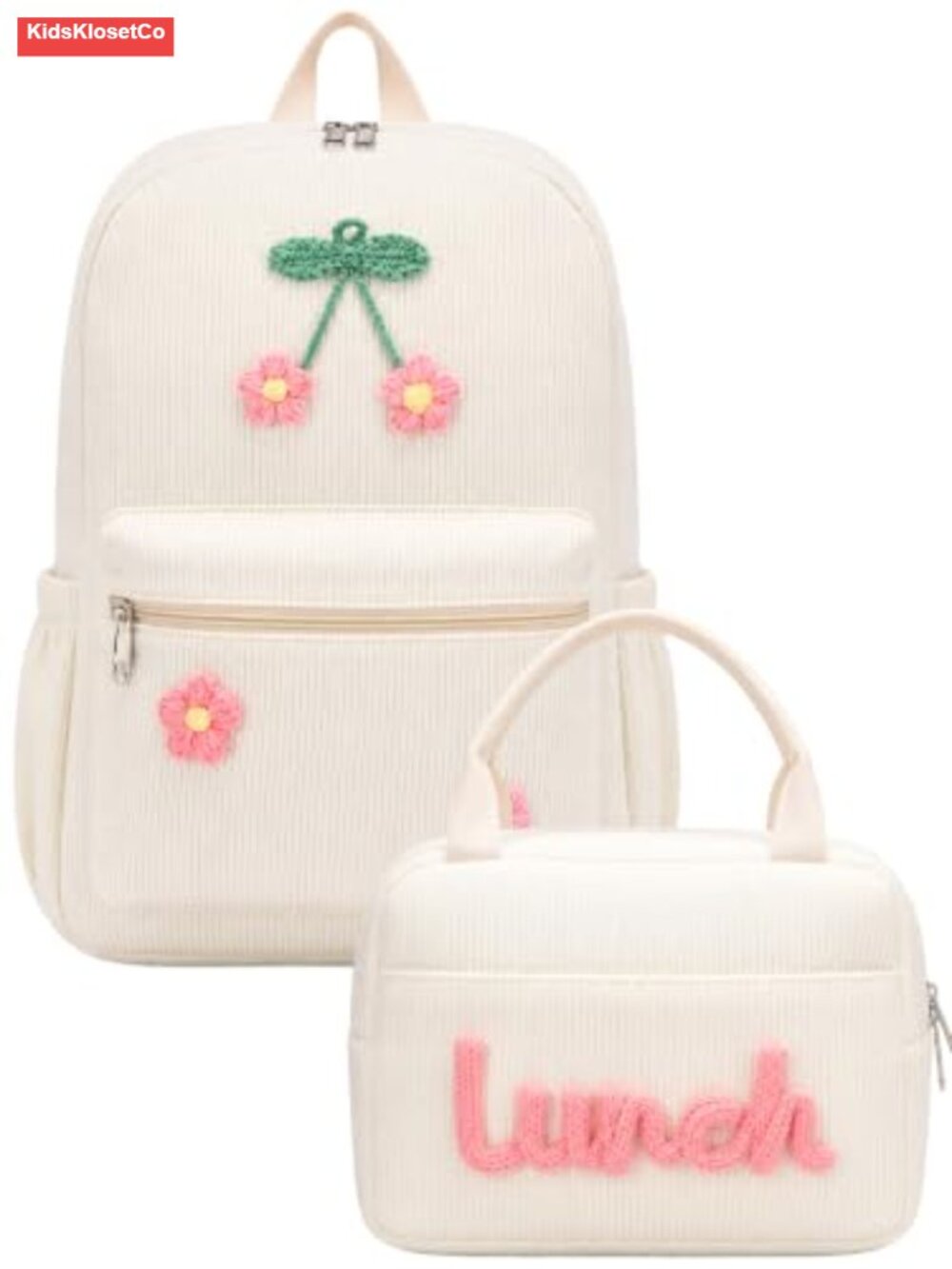 Corduroy Backpack with Lunch Bag Set, Floral, Adjustable Straps, School